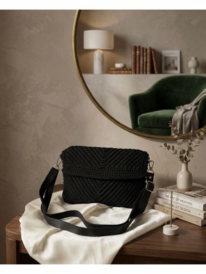 Lumea Mama El Yapımı Bohem Siyah Omuz Çantası - Kanvas Askılı Modern Tasarım💫