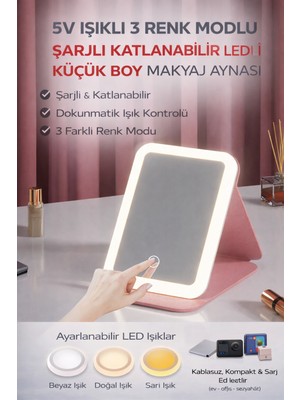 Ecuy LED Makyaj Aynası Şarjlı Katlanabilir 3 Renk Işıklı Dokunmatik Masaüstü Taşınabilir Ayna Kılıf Stand