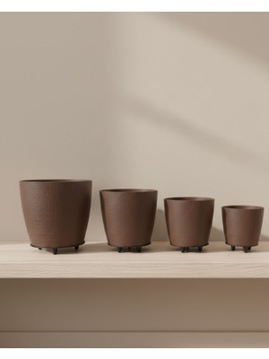 Kont 4’lü 3D Kahverengi Dekoratif Vazo Seti Modern Ayaklı Şık Saksı Takımı