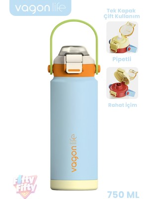 Vagonlife 750 ml Tek Kapak Çift Kullanım Pipetli Rahat Içim Kulplu Paslanmaz Çelik Termos FF1108-750ML