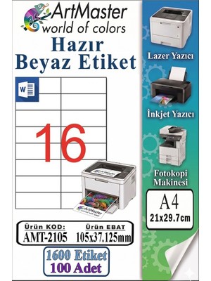 ArtMaster A4 Hazır Beyaz Etiket 105X37.1MM 100 Sayfa 1 Paket 16 Lı Kendinden Yapışkanlı Fotokopi Lazer Inkjet Kağıdı Yazıcılar