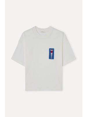 Mudo Kadın Beyaz Nakışlı Bisiklet Yaka T-Shirt