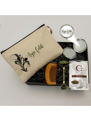 As Gift Kişiye Özel Kanvas Makyaj Çantası & Ayna & Tarak & Yeşim Masaj Taşı Roller & Kil Maskesi