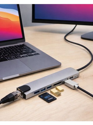 Kont 8 Port Type C Hub USB HDMI RJ45 Sd Tf Kart Okuyucu Çoklayıcı