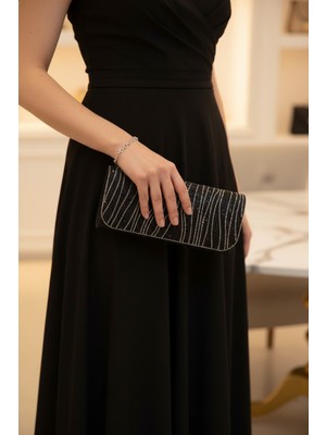 Enoch Kadın Sim Dokulu Kristal Taşlı Dikey Şerit Detaylı Minimalist Abiye Portföy Çanta