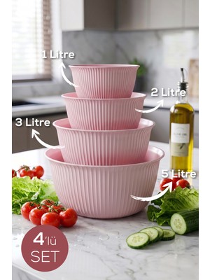 Vienev 4'lü Mega Boy Plastik Karıştırma ve Saklama Kase Seti Pembe | 1l, 2l, 3l, 5l