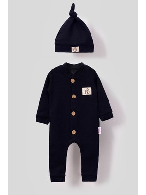 Bubito Mavi Unisex Tahta Düğme Görselli Pamuklu Bebek Tulum Uzun Kol Şapkalı