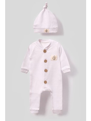 Bubito Unisex Tahta Düğme Görselli Şapkalı Waffle Bebek Tulum - Beyaz