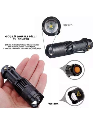 Pileli Store Mini Güçlü Şarjlı Pilli El Feneri WT-304