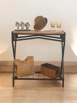 Feyza Design Dekoratif Metal Dresuar Ahşap Raflı Stand Çok Amaçlı Salon ve Hol Rafı
