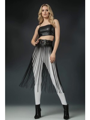 Pileli Store Siyah Etek Deri Yüksek Bel Etek Çift Tokalı Uzun - BRF1090