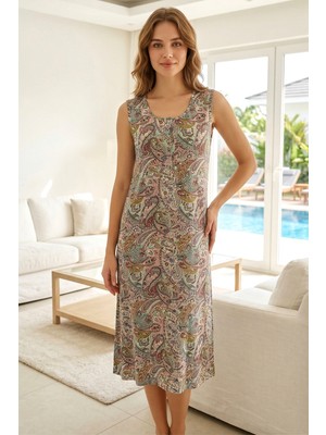 Remsa Kadın Şal Desen Sıfır Kol Viskon Elbise Pijama 40121-1529 Haki
