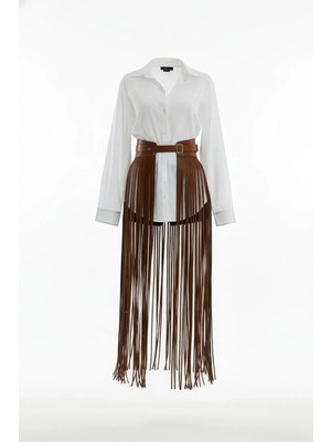 Pileli Store Taba Etek Uzun Püsküllü Suni Deri Etek - BRF1003