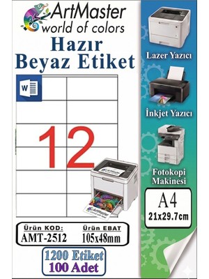 ArtMaster A4 Hazır Beyaz Etiket 105X46 mm 100 Sayfa 1 Paket 12 Li Kendinden Yapışkanlı Fotokopi Lazer Inkjet Kağıdı Yazıcılar Için