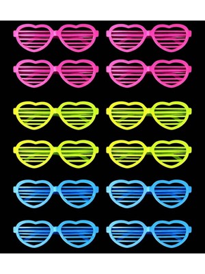Pileli Store Retro Neon Fosforlu Kalp Panjur Gözlük 12 Adet – 80’ler 90’lar Parti Stili