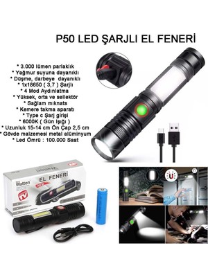 Pileli Store Geniş Açılı P50 LED Şarjlı El Feneri WT-601