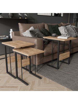 Oven 3\'lü Metal Ayaklı Zigon Sehpa - Meşe