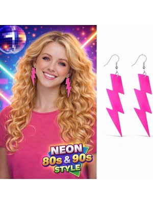 Pileli Store 80’ler 90'lar Retro Neon Pembe Şimşek Küpe 10 cm
