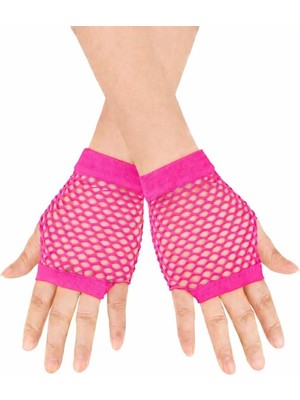 Pileli Store 80’ler 90’lar Retro Neon Fuşya Şeker Pembesi File Parmaksız Kısa Eldiven 11 cm