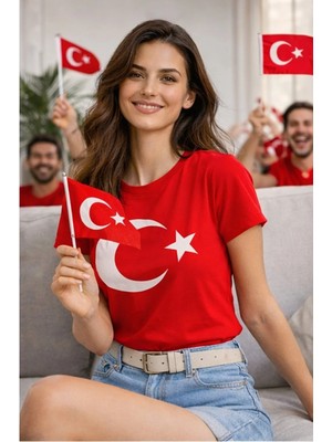 Unisex Kırmızı Ay Yıldız Türk Bayraklı Tişört T-Shirt