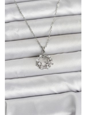 Luord-Store Çelik Zincir Gümüş Renk Incili Çiçek Model Kadın Koyle