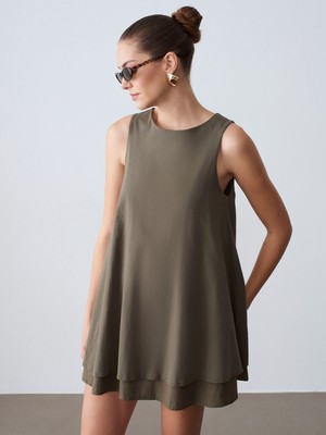 Dilvin 91500 %100 Pamuk Mini Elbise-Haki