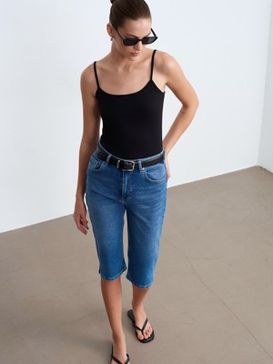 Dilvin 72311 Yırtmaçlı Denim Kapri-Mavi