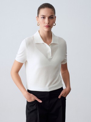 Dilvin 10871 Lyocell Karışımlı Polo Yaka Bluz-Ekru