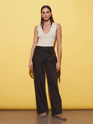 Dilvin 72685 Fular Detaylı Kumaş Pantolon-Kahve