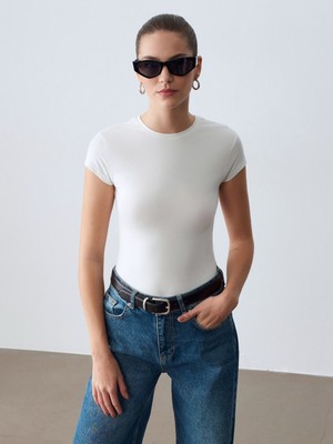 Dilvin 32761 Bisiklet Yaka T-Shirt-Ekru