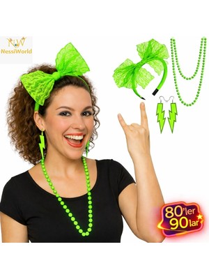 Luord-Store 80’ler 90’lar Neon Yeşil Parti Seti – Kolye Küpe Taç