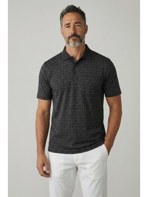 Erkek Simenti Yakalı Cepli Desenli Siyah Tshirt