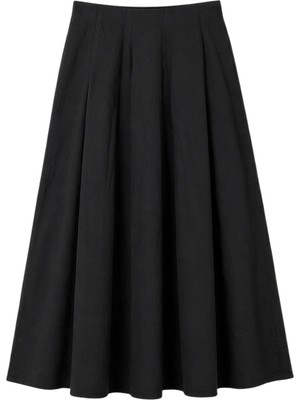 Mixray 4909 Kadın Beli Lastikli Pileli Dökümlü Parçalı Midi Etek Siyah