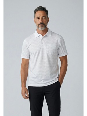Erkek Simenti Yakalı Cepli Desenli Beyaz Tshirt