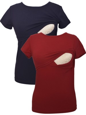 Luvmabelly Myra2502_2504 Kadın Emzirme T-Shirt Seti Kısa Kol Günlük Bordo Lacivert