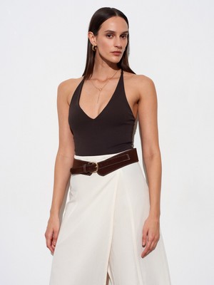 Dilvin 21175 Halter Yaka Bodysuit-Koyu Kahve