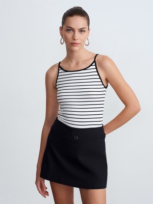 Dilvin 21197 Kontrast Şeritli Top-Ekru-Siyah