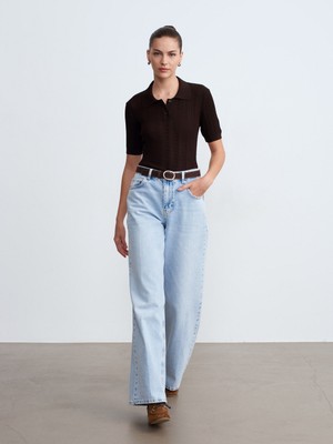 Dilvin 72288 %100 Pamuk Kemerli Wide Leg Jean-Mavi