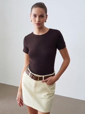 Dilvin 32637 Bisiklet Yaka T-Shirt-Koyu Kahve