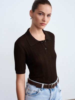 Dilvin 10781 Polo Yaka Ajurlu Triko Bluz-Koyu Kahve