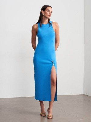 Dilvin 90255 Aksesuar Detaylı Yırtmaçlı Triko Elbise-Turkuaz