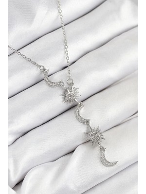 Luord-Store Çelik Zirkon Taşlı Güneş Ay Model Gümüş Renk Kadın Kolye