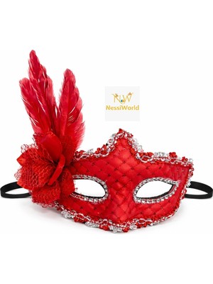 Luord-Store Kırmızı Tüylü Venedik Lüks Balo Maskesi
