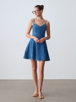 Dilvin 90578 Lyocell Karışımlı Denim Mini Elbise-Mavi