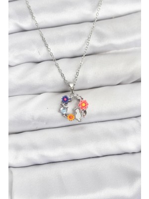 Luord-Store Çelik Zincir Gümüş Renk Çiçekli Kedili Model Kadın Kolye
