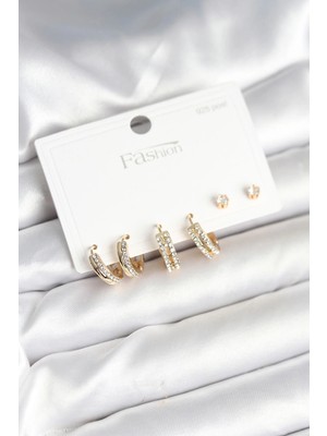 Luord-Store Pirinç Gold Renk Zirkon Taşlı 925 Gümüş Çivili Kadın Küpe Seti