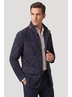 Deriderim Lacivert Aldo Erkek Astarlı Slim Fit Dar kesim Fermuarlı ve Düğmeli Blazer Hakiki Süet Ceket