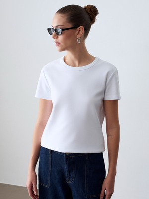 Dilvin 32779 Bisiklet Yaka T-Shirt-Beyaz