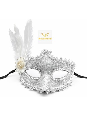 Luord-Store Lüks Beyaz Tüylü Venedik Maskesi – Taşlı Dantel Tasarım