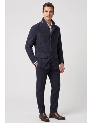Deriderim Lacivert Aldo Erkek Astarlı Slim Fit Dar kesim Fermuarlı ve Düğmeli Blazer Hakiki Süet Ceket